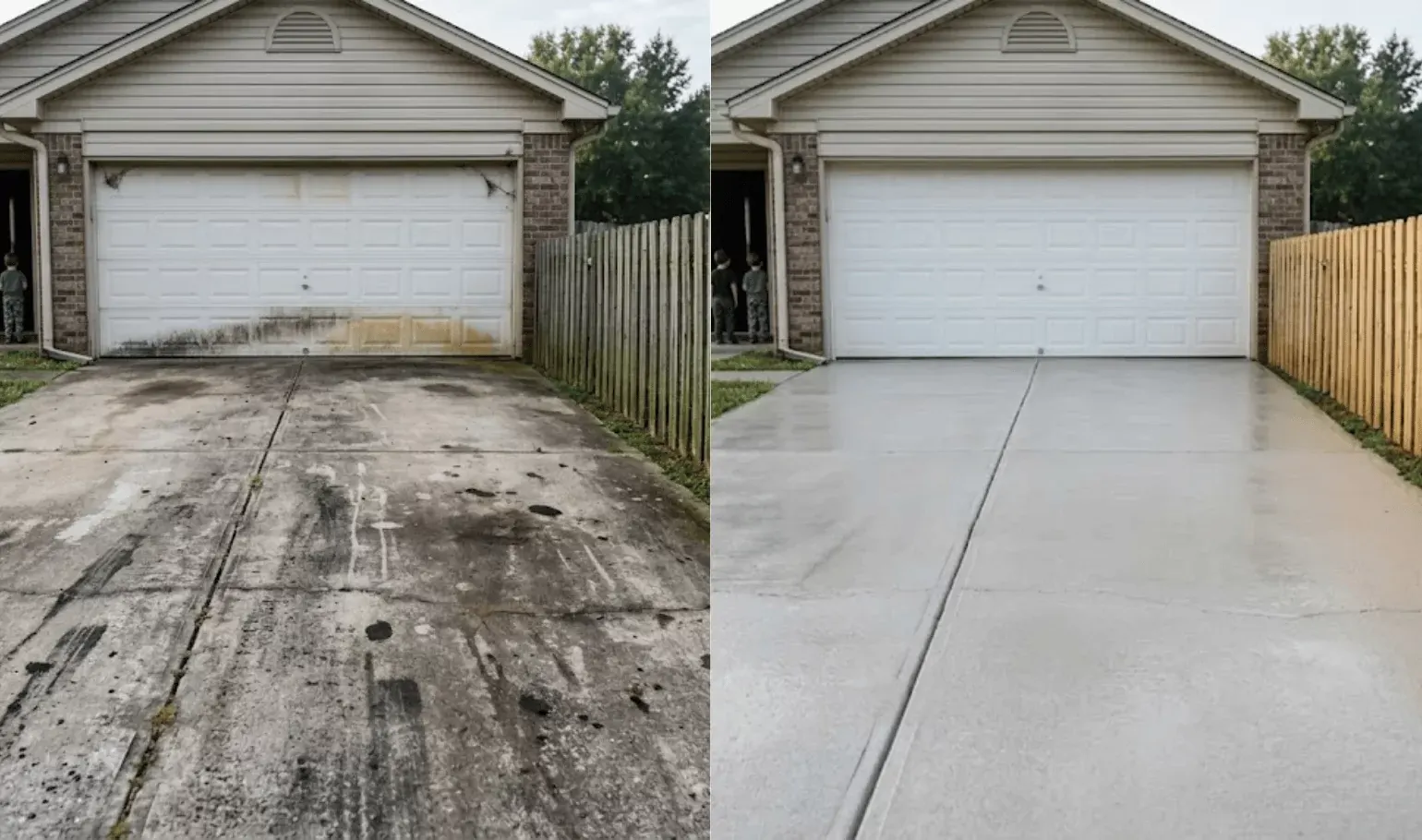 Garage driveway before with oil stains, after clean