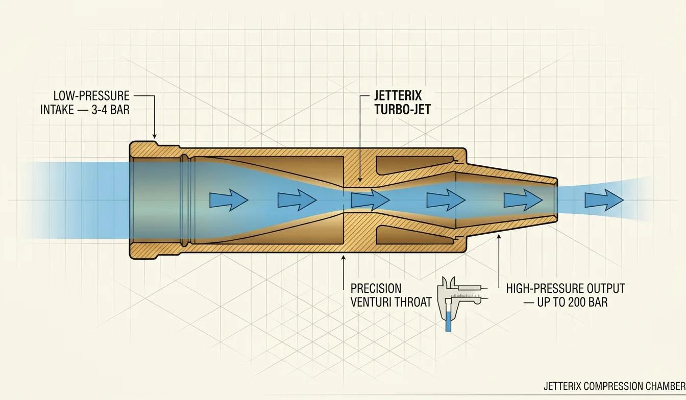 Diagram of the Jetterix compression chamber — cross-section showing low-pressure intake, venturi throat and high-pressure output